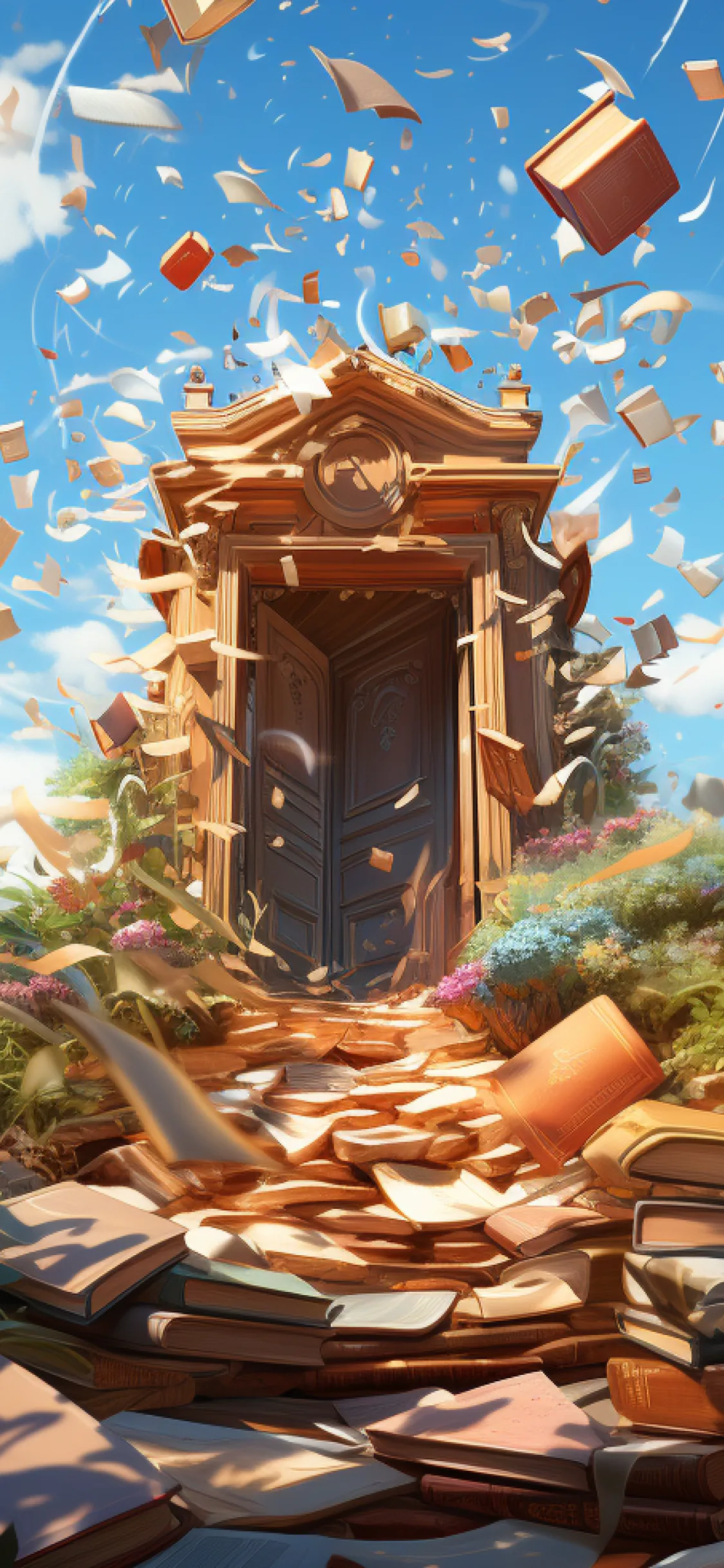 A doorway in a garden with books flying out of it: the first page of the Wisebits onboarding